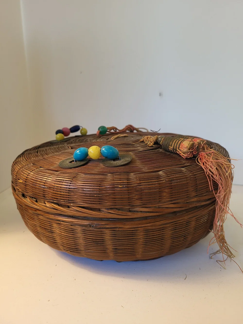 Antique Chinese Sewing Basket Peking Glass Beads Qing Republic Coins 8.5